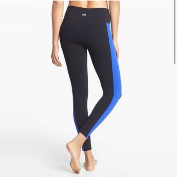 ALO Yoga Black Leggings With Blue Stripe Low Rise Ankle Size Small EUC - Picture 1 of 3